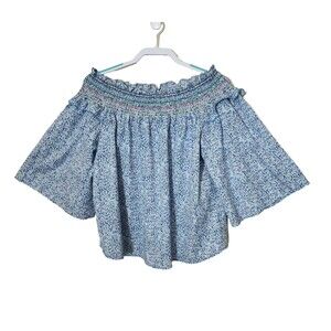 Grand & Greene Cotton-Blend Blouse Blue 3/4 Sleeve Off-the-Shoulder Sizes L & XL